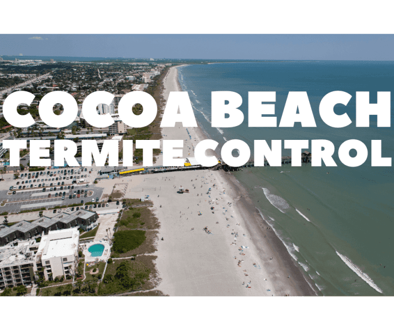 An aerial view of Cocoa Beach, Florida, with the pier and ocean, overlaid with the text "Cocoa Beach Termite Control."