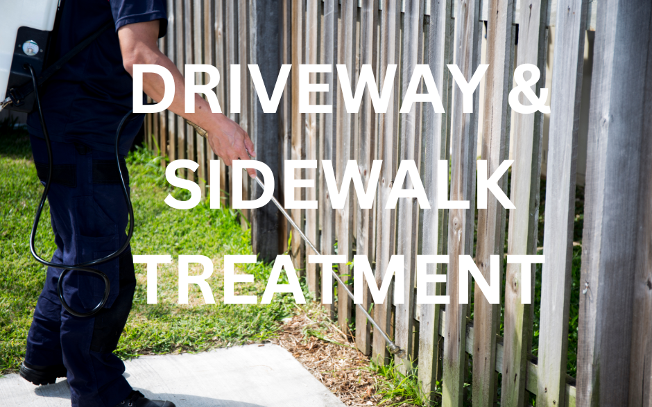 A pest control technician applying a treatment to the edge of a patio, with the text "DRIVEWAY & WALKWAY TREATMENT" displayed. This image represents a comprehensive pest control service that includes treating the perimeter of a home to prevent pests from entering.