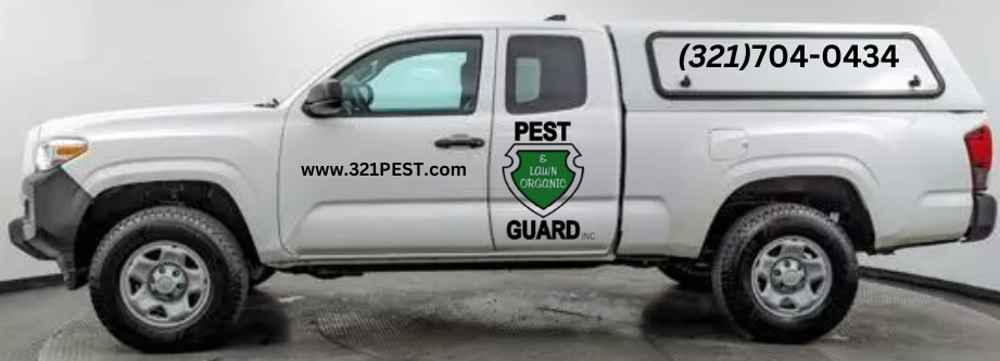 A white pickup truck with a pest control company logo, showcasing the company's professional appearance and commitment to service. Award-winning pest control service in Indian Harbour Beach, Florida. Expert ghost ant, palmetto bug, and German roach control solutions. Eco-Friendly and affordable. Call us today for a free estimate.