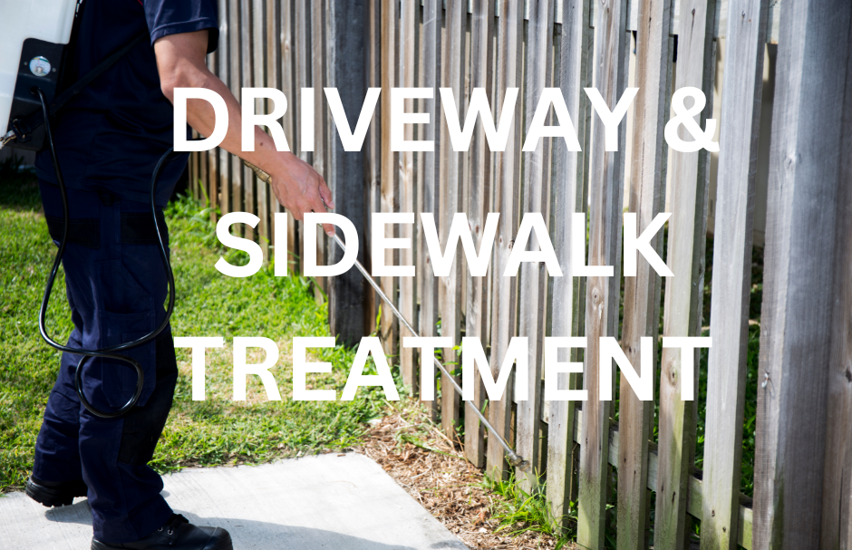 A pest control technician applying a treatment to the edge of a patio, with the text "DRIVEWAY & WALKWAY TREATMENT" displayed. This image represents a comprehensive pest control service that includes treating the perimeter of a home to prevent pests from entering.