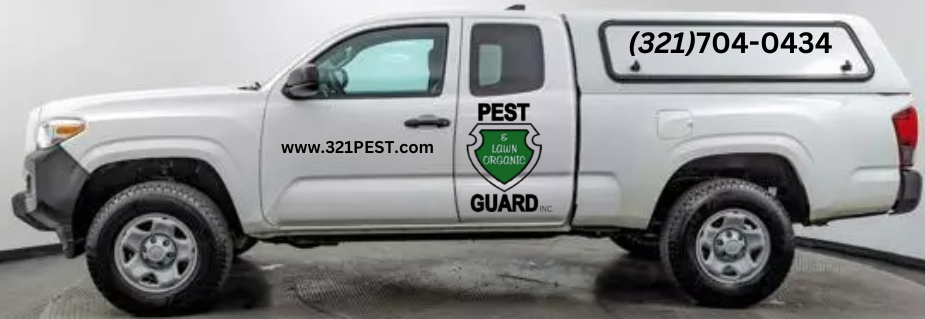 A white pickup truck with a pest control company logo, showcasing the company's professional appearance and commitment to service.