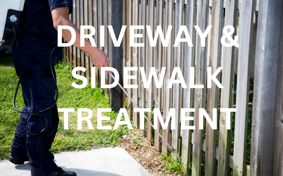 A pest control technician applying a treatment to the edge of a patio, with the text "DRIVEWAY & WALKWAY TREATMENT" displayed. This image represents a comprehensive pest control service that includes treating the perimeter of a home to prevent pests from entering.