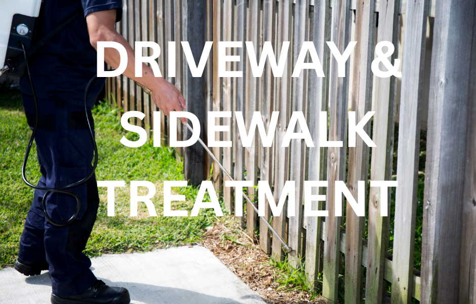 A pest control technician applying a treatment to the edge of a patio, with the text "DRIVEWAY & WALKWAY TREATMENT" displayed. This image represents a comprehensive pest control service that includes treating the perimeter of a home to prevent pests from entering.