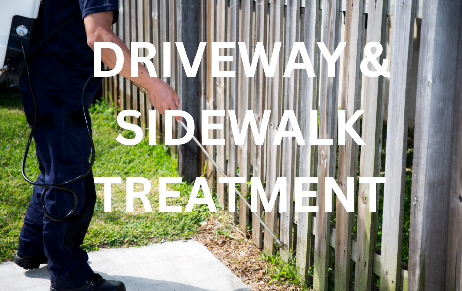 A pest control technician applying a treatment to the edge of a patio, with the text "DRIVEWAY & WALKWAY TREATMENT" displayed. This image represents a comprehensive pest control service that includes treating the perimeter of a home to prevent pests from entering. The absolute best pest control service in Rockledge.