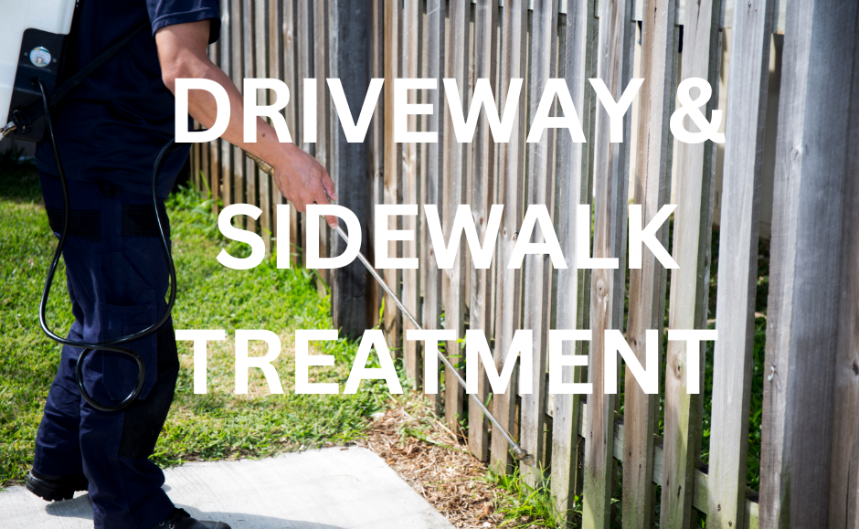 A pest control technician applying a treatment to the edge of a patio, with the text "DRIVEWAY & WALKWAY TREATMENT" displayed. This image represents a comprehensive pest control service that includes treating the perimeter of a home to prevent pests from entering. The absolute best pest control service in Vero Beach.