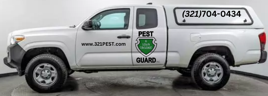 A white pickup truck with a pest control company logo, showcasing the company's professional appearance and commitment to service. Award-winning pest control service in Vero Beach, Florida. Expert ghost ant, palmetto bug, and German roach control solutions. Eco-Friendly and affordable. Call us today for a free estimate.