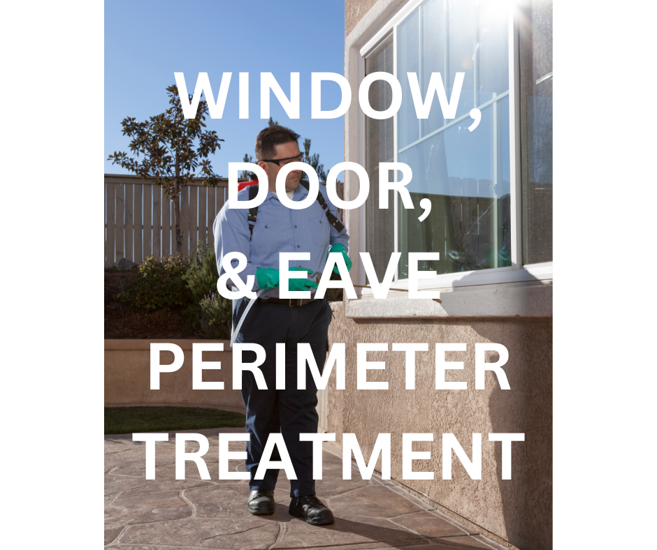 A pest control technician applying a perimeter treatment to a house, using a backpack sprayer. The text "WINDOW, DOOR, & EAVE PERIMETER TREATMENT" is displayed. This image represents a comprehensive pest control service that creates a protective barrier around a home, ensuring a pest-free environment.