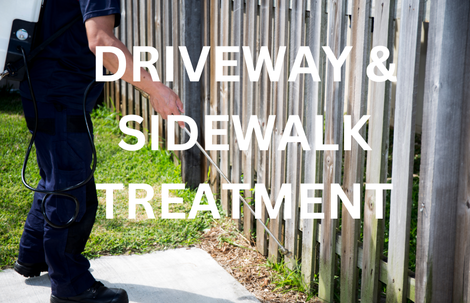 A pest control technician applying a treatment to the edge of a patio, with the text "DRIVEWAY & WALKWAY TREATMENT" displayed. This image represents a comprehensive pest control service that includes treating the perimeter of a home to prevent pests from entering.