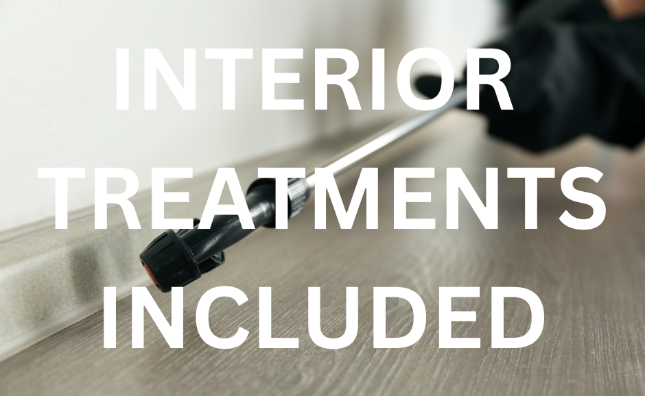 A close-up of a pest control technician's hand holding a spray wand, directed towards a baseboard. The text "INTERIOR TREATMENTS INCLUDED" is displayed. This image represents a comprehensive pest control service that includes interior treatments to protect homes from pests. We are the best Pest Control Company in Indialantic.