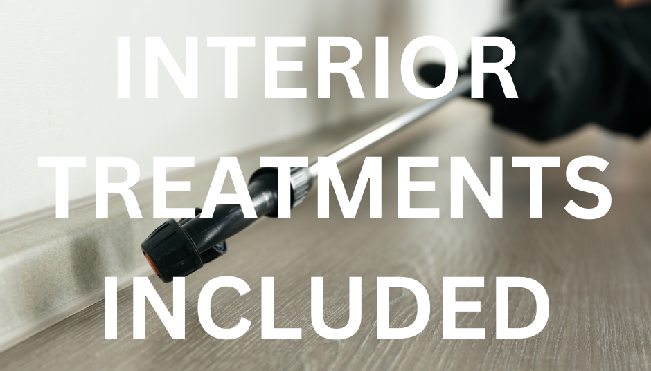 A close-up of a pest control technician's hand holding a spray wand, directed towards a baseboard. The text "INTERIOR TREATMENTS INCLUDED" is displayed. This image represents a comprehensive pest control service that includes interior treatments to protect homes from pests. Award-winning pest control services in Indian Harbour Beach. Proven results and guaranteed customer satisfaction.