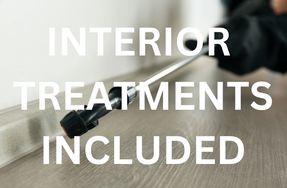 A close-up of a pest control technician's hand holding a spray wand, directed towards a baseboard. The text "INTERIOR TREATMENTS INCLUDED" is displayed. This image represents a comprehensive pest control service that includes interior treatments to protect homes from pests.