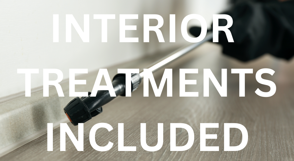A close-up of a pest control technician's hand holding a spray wand, directed towards a baseboard. The text "INTERIOR TREATMENTS INCLUDED" is displayed. This image represents a comprehensive pest control service that includes interior treatments to protect homes from pests. We are the best pest control company in Satellite Beach.