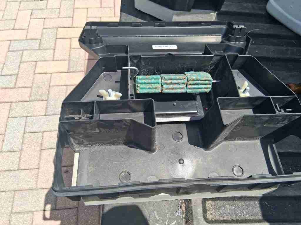 Open black rodent bait station with green bait blocks inside.