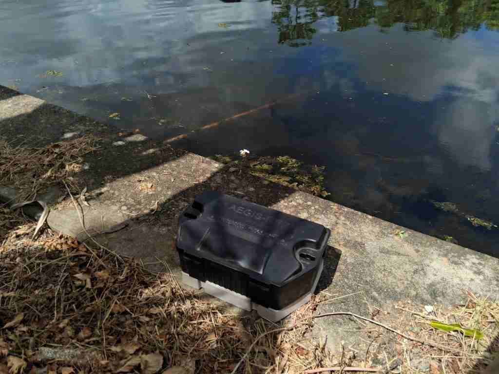 Black rodent bait station on a concrete ledge next to a body of water.