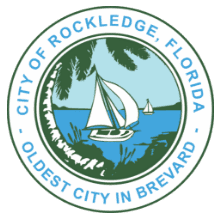 The official seal for the City of Rockledge, Florida, featuring a sailboat and palm trees, with the text "Oldest City in Brevard."