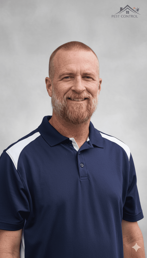 Professional headshot of a smiling pest control technician in a company polo shirt.