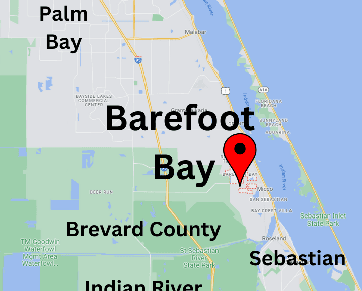 Map showing Barefoot Bay, Brevard County, Micco, Palm Bay, and Sebastian.