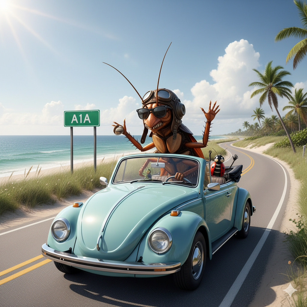 A large cockroach, wearing a leather pilot's helmet and aviator sunglasses, is happily driving a classic light-blue Volkswagen Beetle convertible. The car is on a sunny coastal highway lined with palm trees and a sandy beach. A green street sign for "A1A" is visible on the left side of the road.