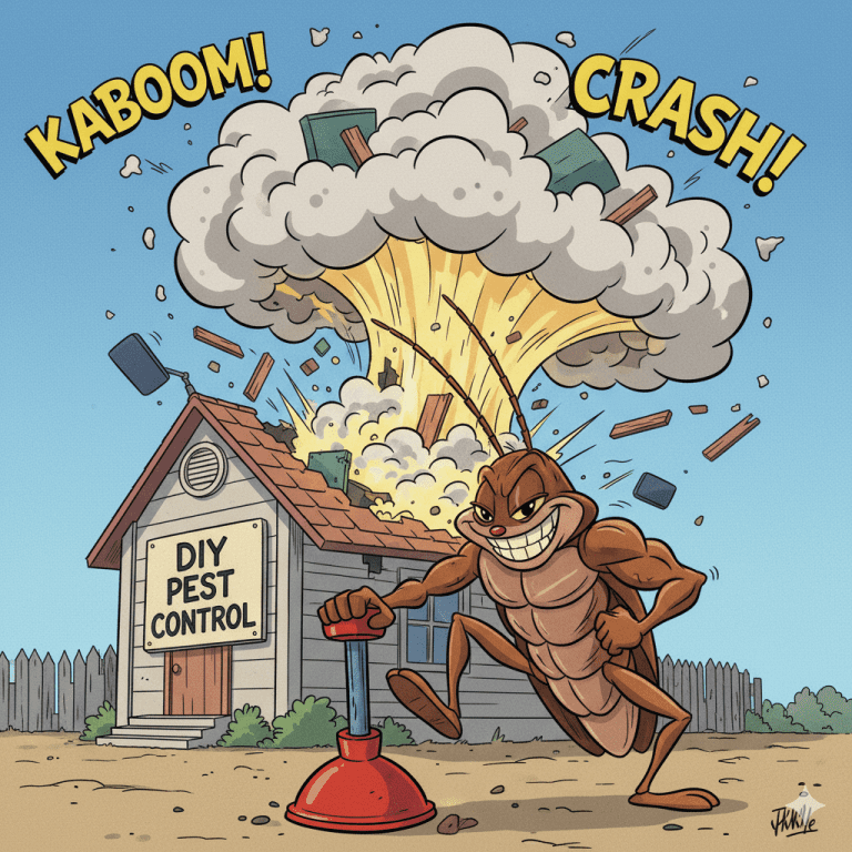 A humorous cartoon in the style of Looney Tunes shows a grinning roach outside a house. The roach pushes down a detonator, causing the top of the house to comically explode off into the air. Do bug bombs work?
