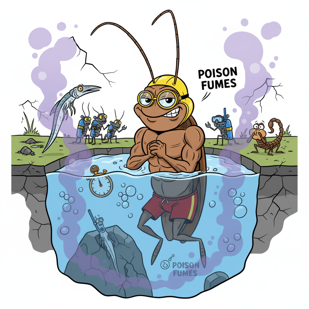 The Breath-Holding Roach Olympics: Masters of Survival, A humorous, Road Runner-style cartoon shows a muscular German cockroach in swimming gear, calmly standing in a pool of water with a stopwatch. Other pests, like a silverfish, scorpion, and other roaches with scuba gear, are shown around or in the water, avoiding "Poison Fumes" that fill the air around them. Do bug bombs work?