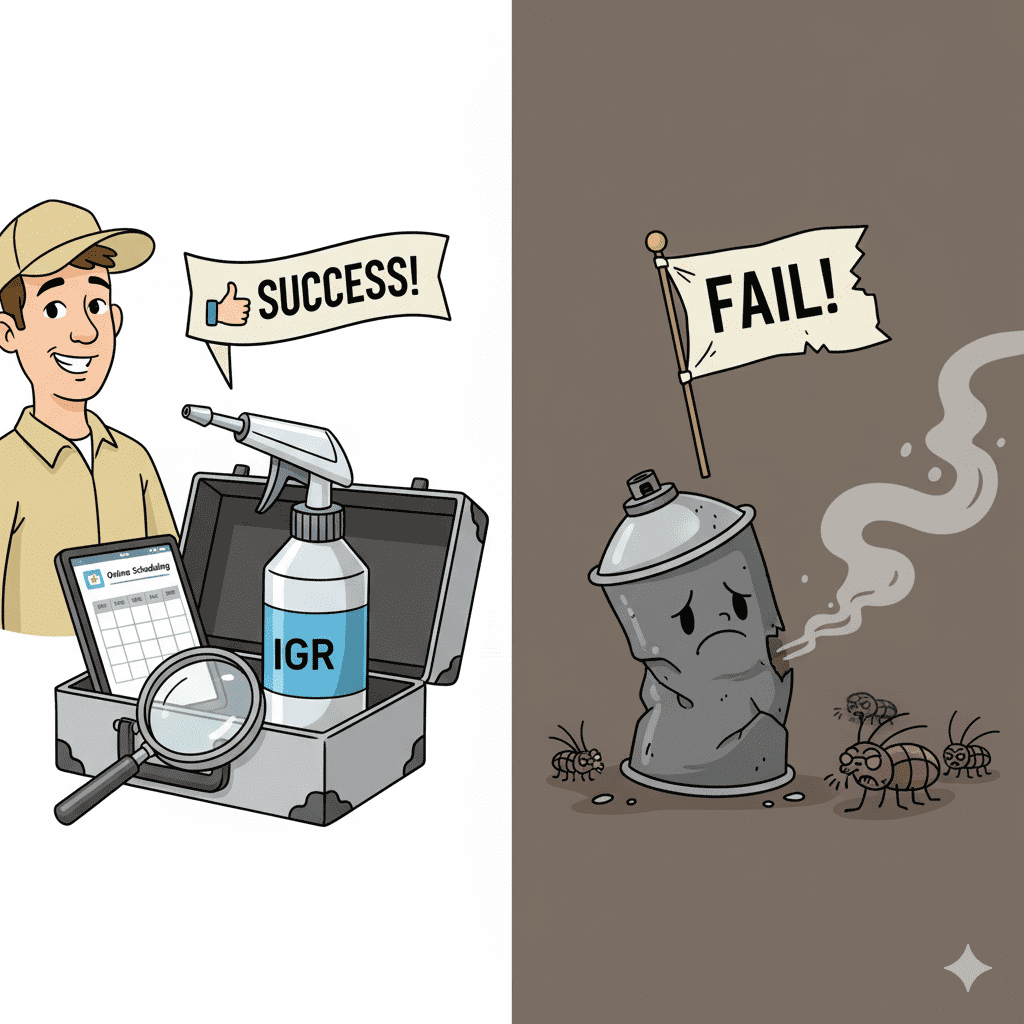 A cartoon image contrasting two solutions. On the left is a professional pest control toolkit containing an IGR spray bottle, a magnifying glass, and a tablet for online booking. On the right is a sad, deflated bug bomb canister with a "FAIL" flag on it.