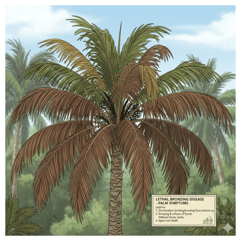 Illustration of a palm tree infected with lethal bronzing disease, showing brown, drooping fronds and a healthy green spear leaf at the top.