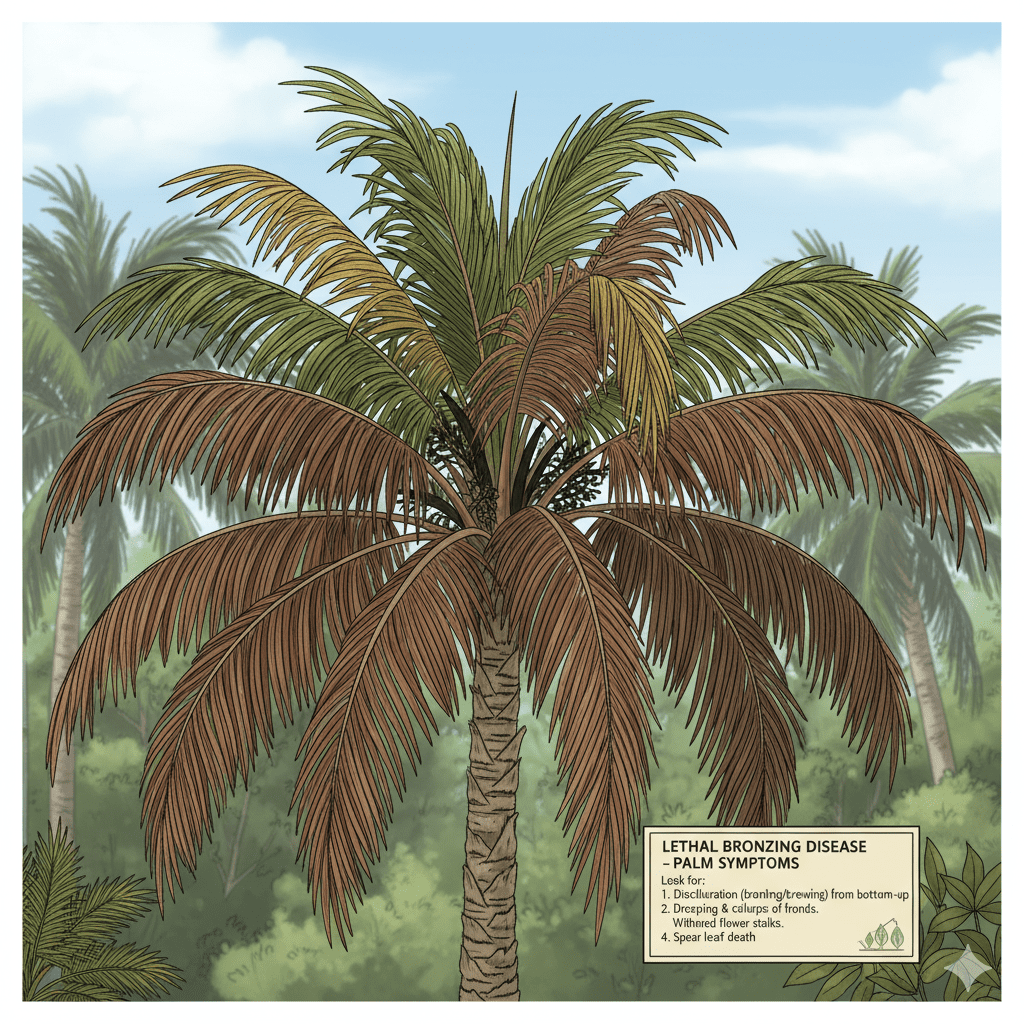 Illustration of a palm tree infected with lethal bronzing disease, showing brown, drooping fronds and a healthy green spear leaf at the top.