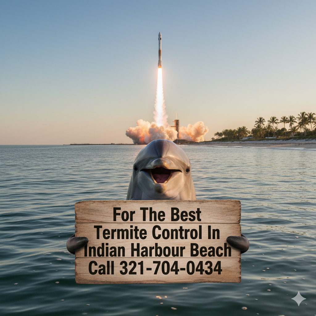 Illustration of dolphin with termite control sign and a rocket launch in Indian Harbour Beach.